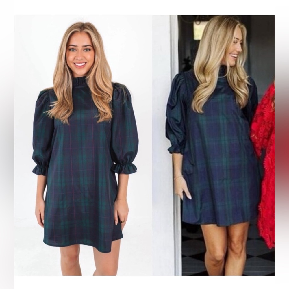J.Marie Katrina Plaid Back Bow Tie Ruffle Mock Neck 3/4 Sleeve Shift Dress S